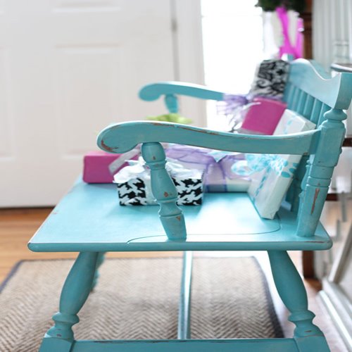 After refinishing wood bench from brown to aged turquoise