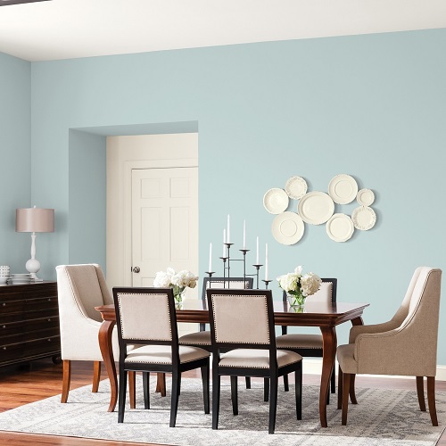 Dinging area with teal and grey hues