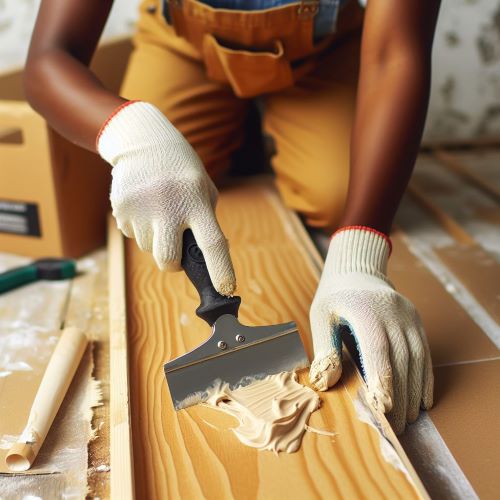 Person with gloves and overalls spreading adhesive on wooden panel