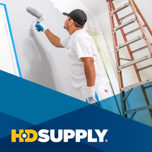 Person with white shirt, gloves, and black hat painting white wall with roller with ladder on right and blue hued shapes at bottom with "HD Supply" in front