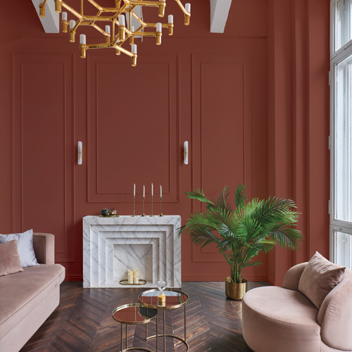 Living room with tall ceilings and fireplace
