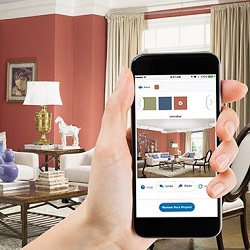 Light brick-colored room with white couches and decorations with brown tables and purple accents with person holding phone taking picture of room to decide colors