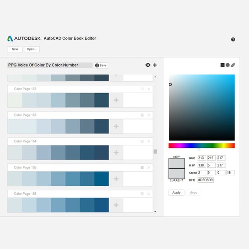 Screenshot of Autodesk AutoCAD Color Book Editor with multiple blue swatches and hues