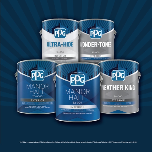 Five PPG Paint buckets colored white, gray, and blue hues in front of dark blue hued shapes in background